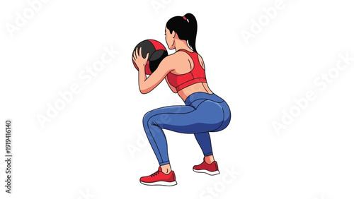 Woman Performing Medicine Ball Squat Exercise.