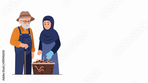 Man and woman in hijab demonstrating organic composting, inspecting worms in a soil container for waste management. Organic composting promotes sustainable agriculture, creating natural fertilizer.