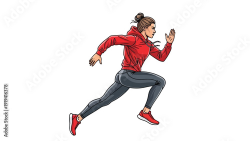 Athletic Woman Running Fast in Red Hoodie and Leggings.