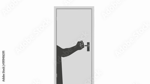 Dark silhouette hand opening door, mysterious arm silhouette reaching for handle on light gray door against white background, implying action of hand opening door.