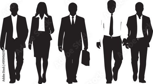 Business team group silhouette vector illustration line art five corporate professionals walking forward isolated