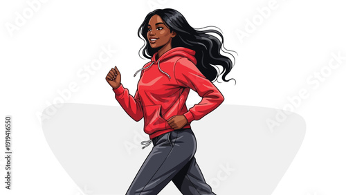 Athletic Woman Running in Red Hoodie and Grey Sweatpants.