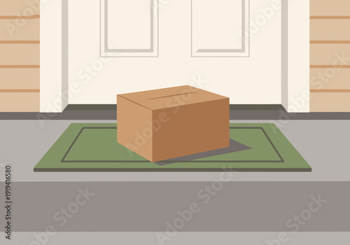 A brown cardboard package sits on a doormat, conveying a sense of arrival and home security. Clean, modern illustration style.