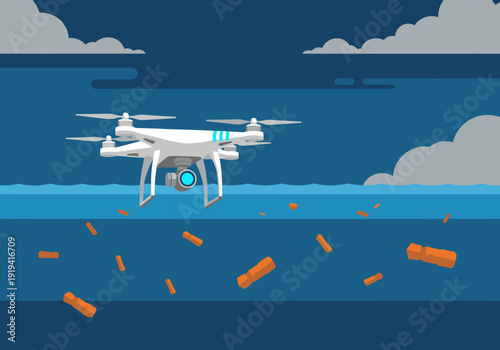 A drone monitors ocean plastic waste, highlighting environmental concerns. Modern, clean design with a dark blue backdrop and scattered debris. Suitable for sustainability campaigns.