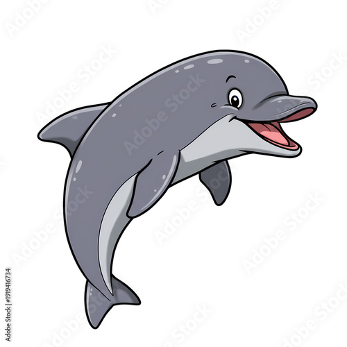 Friendly grey dolphin jumping with a cheerful expression and an open mouth isolated on a plain white background capturing a fun and playful marine animal character in a cartoon style