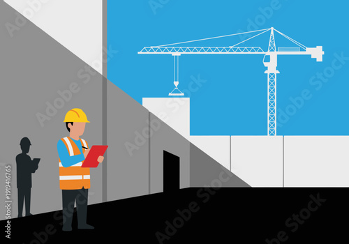Foreman oversees an overhead lift site, reviewing plans with a clipboard. A dynamic construction scene with a modern aesthetic. Suitable for commercial use.
