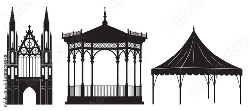 Architectural arch and gazebo silhouettes set, gothic arches, classical archways, outdoor pavilion and tent, black silhouettes