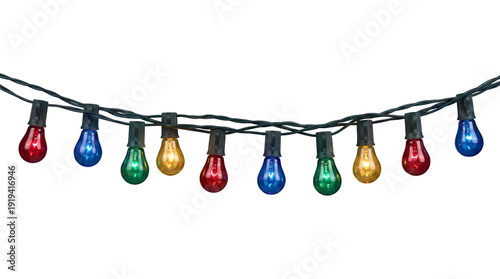 String of colorful Christmas lights, red, blue, green, yellow bulbs, isolated on transparent background