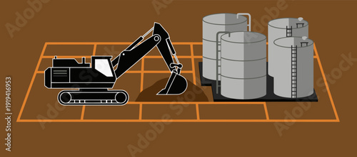 Industrial carbon capture technology visualized with a chemical structure, alongside an excavation site and storage tanks. A modern, informative graphic.