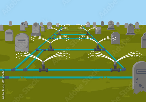 An irrigation system waters a cemetery lawn. A stylized illustration showcases a modern system with pipes and sprayers.  A visually appealing and informative graphic.