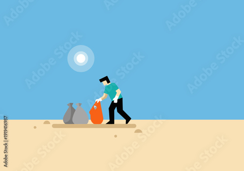 A man cleans a beach, collecting plastic waste. Bright, clean design. Focus on environmental action and sustainability. Suitable for commercial use.