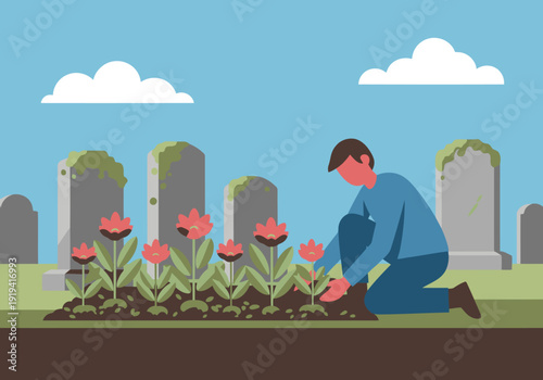 A man lovingly tends to a memorial bed with vibrant flowers. A serene, nostalgic scene with weathered tombstones. Suitable for remembrance and memorial themes.