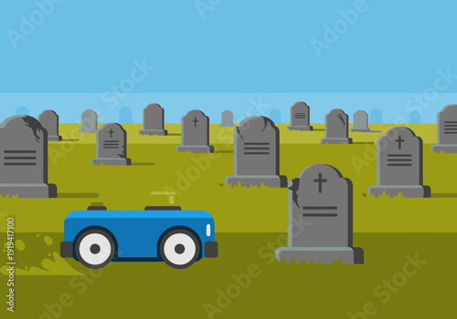 A playful blue autonomous mower neatly trims a cemetery filled with weathered tombstones. A modern, slightly surreal scene with a focus on technology and remembrance.
