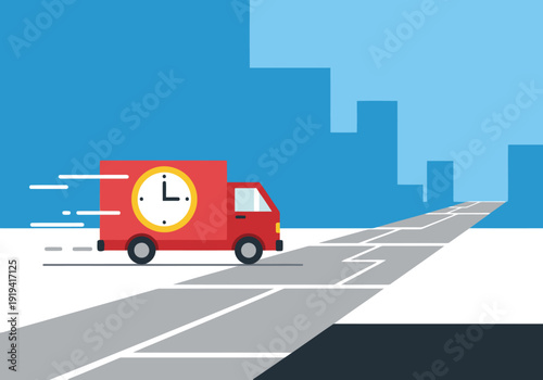 A red truck speeds down a road, displaying a clock indicating timely arrival. Modern logistics illustration, vibrant and dynamic. Perfect for delivery and transportation themes.