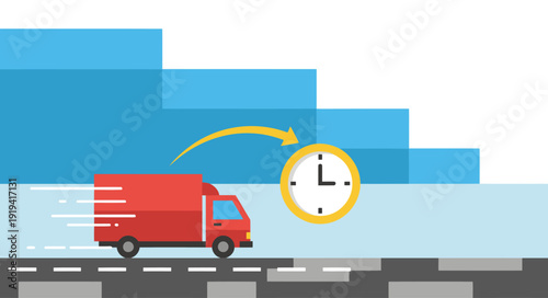A red truck speeds towards a clock, illustrating timely truck arrival logistics. Modern, flat design with a vibrant color palette. Ideal for business and logistics visuals.
