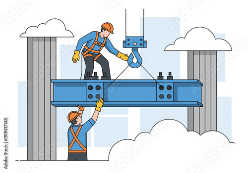 Schilderij op canvas A rigger expertly lifts a structural steel beam with a crane, showcasing precision and teamwork
