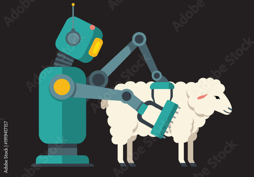 A robotic arm shears a sheep, showcasing automation technology. Clean, modern illustration with bold colors and a focused composition.