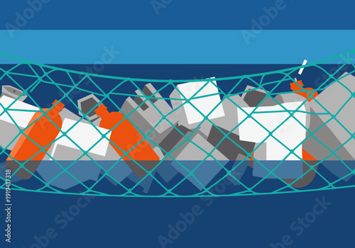 A stylized graphic depicts ocean plastic cleanup, showcasing tangled nets and floating debris against a blue backdrop.  Clean, modern design for environmental awareness campaigns.