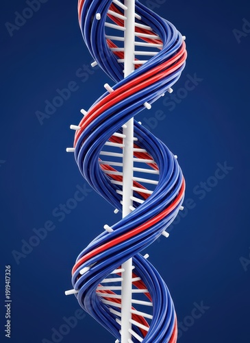 DNA double helix model made of blue and red cables. Scientific 3D illustration of genetic structure. Biotechnology and medical research concept