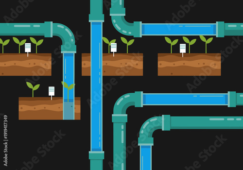 A stylized illustration depicts smart irrigation with data flowing through pipes to nourish plants. Modern, vibrant, and ideal for tech or agriculture concepts.