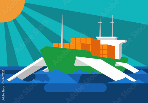 A vibrant illustration depicts an eco-cargo ship propelling through the ocean, showcasing sustainable shipping. Modern, bright colors and a clean design create a visually appealing commercial image.