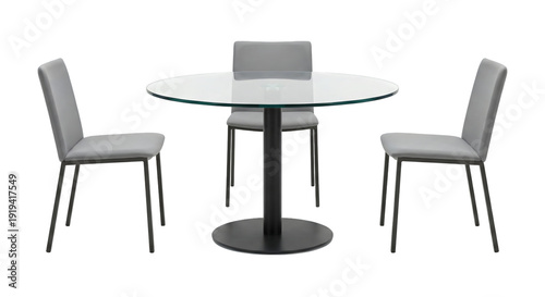 Modern glass-top dining table with grey chairs, minimalist furniture set, isolated on transparent background