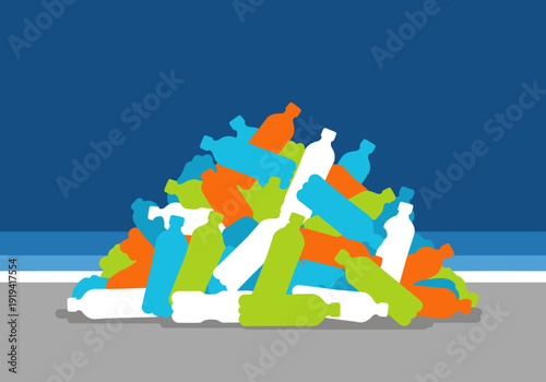 A vibrant pile of plastic bottles dominates the foreground, creating a stark visual contrast against a dark blue background.  Illustrative style, suitable for environmental awareness campaigns.