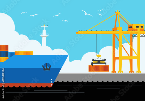A vibrant port scene showcases a container ship and crane lift. Clean lines, bright colors, and a modern aesthetic create a visually appealing commercial image.