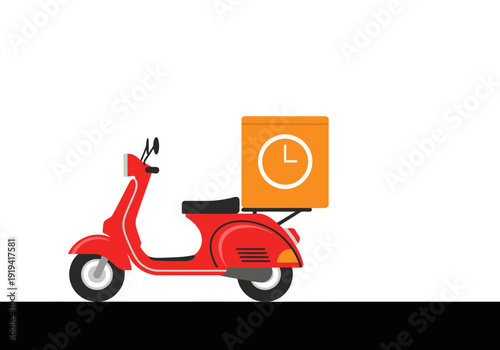 A vibrant red food delivery scooter with a box displaying an ETA clock. Modern, flat design illustration. Perfect for digital marketing and delivery services.