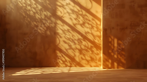 Dramatic light and shadow play across textured walls and wooden floor surfaces