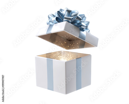 Open white gift box with blue ribbon and sparkling magic light, isolated on transparent cutout background