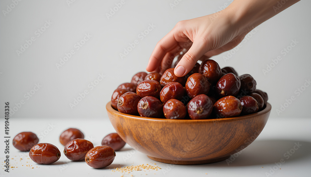 Obraz premium Hand Picking Fresh Dates from Wooden Bowl for Ramadan Iftar Celebration