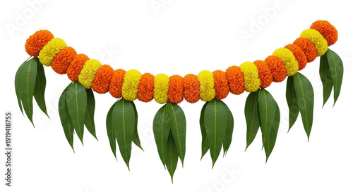 A vibrant, intricate indian flower garland (mala) featuring brilliant yellow and orange marigolds and glossy green mango leaves, floating on a transparent background. concept of traditional hindu