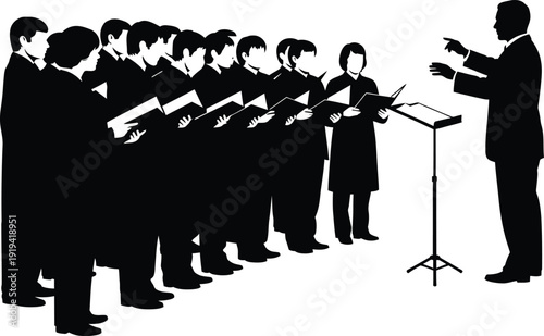 Silhouetted choir members singing with sheet music, directed by a conductor with a baton, in a clean, minimalist vector illustration style.