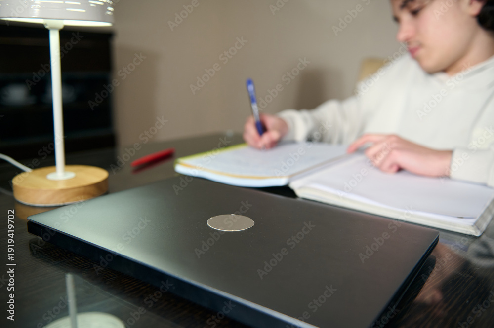 Ταπετσαρία Teenage Boy Doing Homework At Laptop In Cozy Home Study During Evening