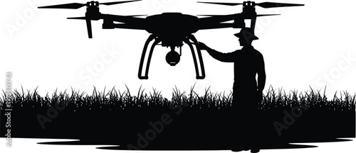 Silhouette of a person in a hat operating a drone with a camera, hovering over tall grass, symbolizing aerial photography and modern technology.