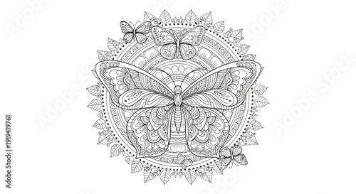 Ornate butterfly mandala line art illustration, intricate insect design, decorative nature pattern for adult coloring pages.