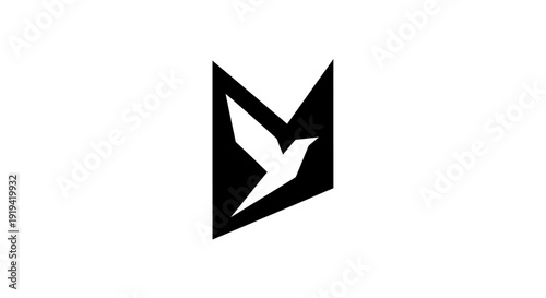 Abstract white bird icon flying within modern black geometric shape. Minimalist peace, freedom, and spirituality logo concept on white background.