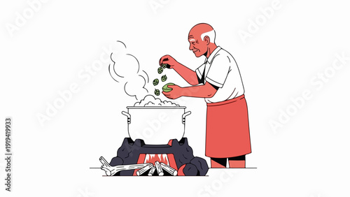 Flat minimalist illustration of woman with red headscarf scooping from jar. Artwork showcases simple lines, solid fills, and clean white background, portraying everyday action.