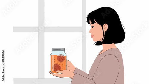 Woman holds glass jar with preserved food, showcasing flat minimalist illustration style. Minimalist design features solid fills, clean lines, simple shapes, depicting natural home scene.