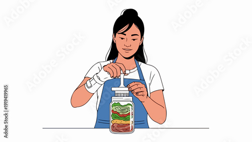 Woman preparing food in jar, minimalist flat illustration. She carefully presses layered ingredients inside glass jar, displaying clean minimalist flat illustration style.