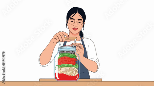 Minimalist flat illustration features woman making fermented food. Minimalist flat illustration depicts person pressing cabbage, vegetables in jar, solid fills.