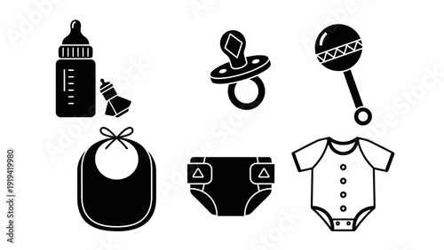 Baby Essentials Icons: Bottle, Pacifier, Rattle, Bib, Diaper, Onesie - Black and White