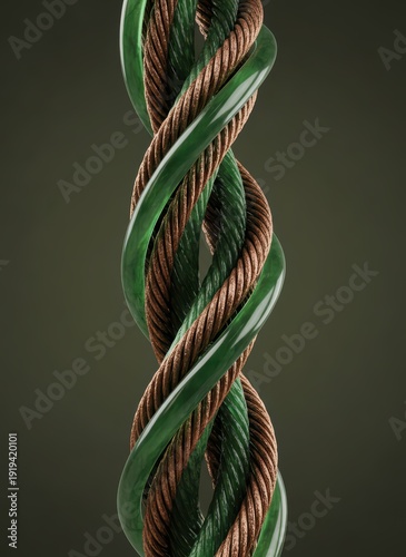 Twisted copper ropes and green translucent cables intertwined. Vertical 3d render of industrial connection concept. Abstract metallic and plastic textures. Copy space for text