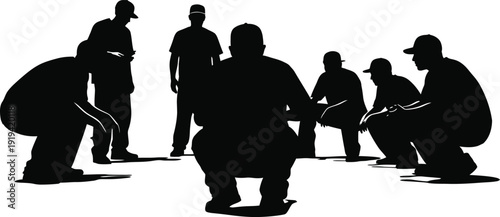 Group of men in baseball caps in a huddle, silhouetted against a white background, suggesting sports strategy, teamwork, or a casual gathering.