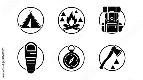 Camping Gear Icons: Tent, Campfire, Backpack, Sleeping Bag, Compass, Axe