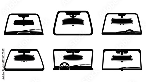 Car Windshield Views Icons Set: Front Glass, Rearview Mirror, Wiper Blades