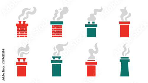 Chimney Icons Set: Smoke Rising from Red and Green Chimneys, Winter and Christmas Theme