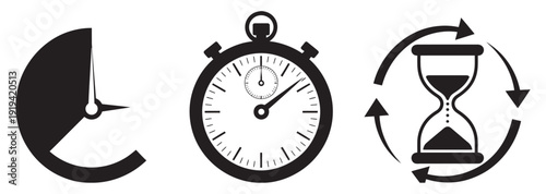 Stopwatch and hourglass icon set, timing and countdown, minimal icons, cyclical time, productivity, scheduling illustration