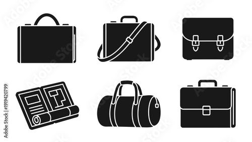 Collection of Business Briefcases, Duffel Bag, and Architectural Plans Icons